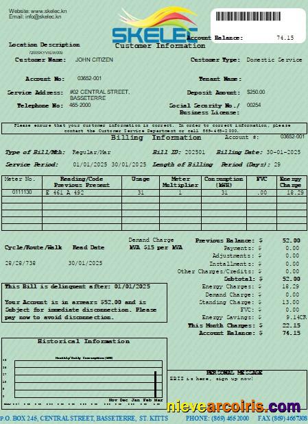St Kitts Electricity Company SKELEC utility bill